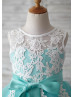 Turquoise Tulle Ivory Lace V Back Knee Length Flower Girl Dress 